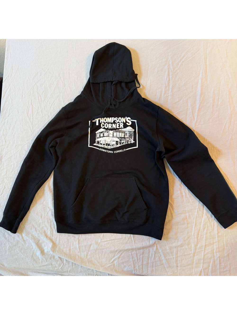 Thompson's Corner Black Pullover Hoodie with White Graphic, Men's Size Medium, V